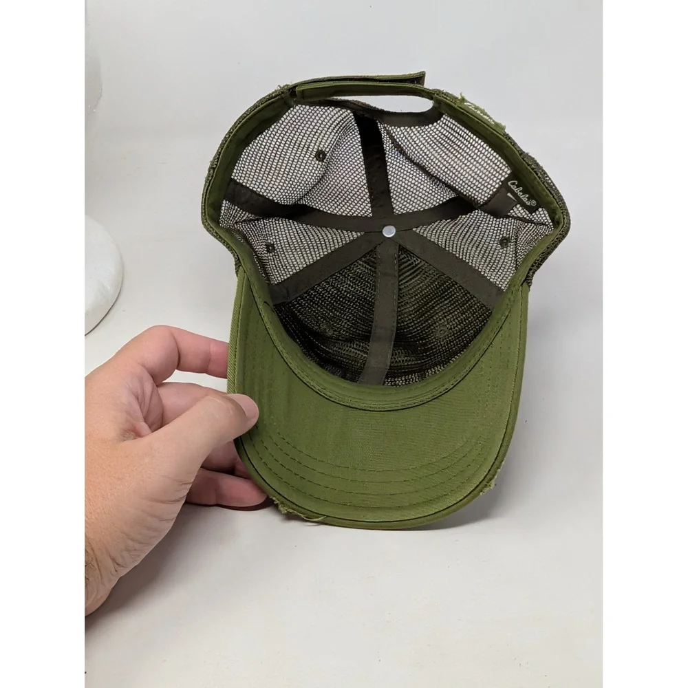 Cabelas Trucker Hat Mens Olive Green Mesh Back Distressed Logo Adjustable Cap